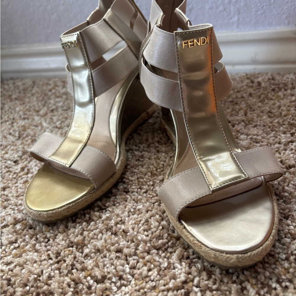 Fendi Women's Cream/Gold Wedge Sandals
